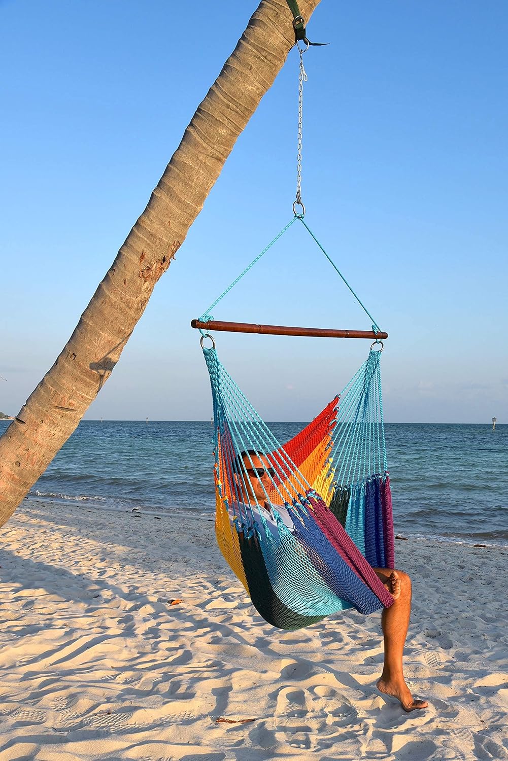 Jumbo Caribbean Hammock Chair with Footrest - 55 inch - Soft-Spun Polyester - Rainbow