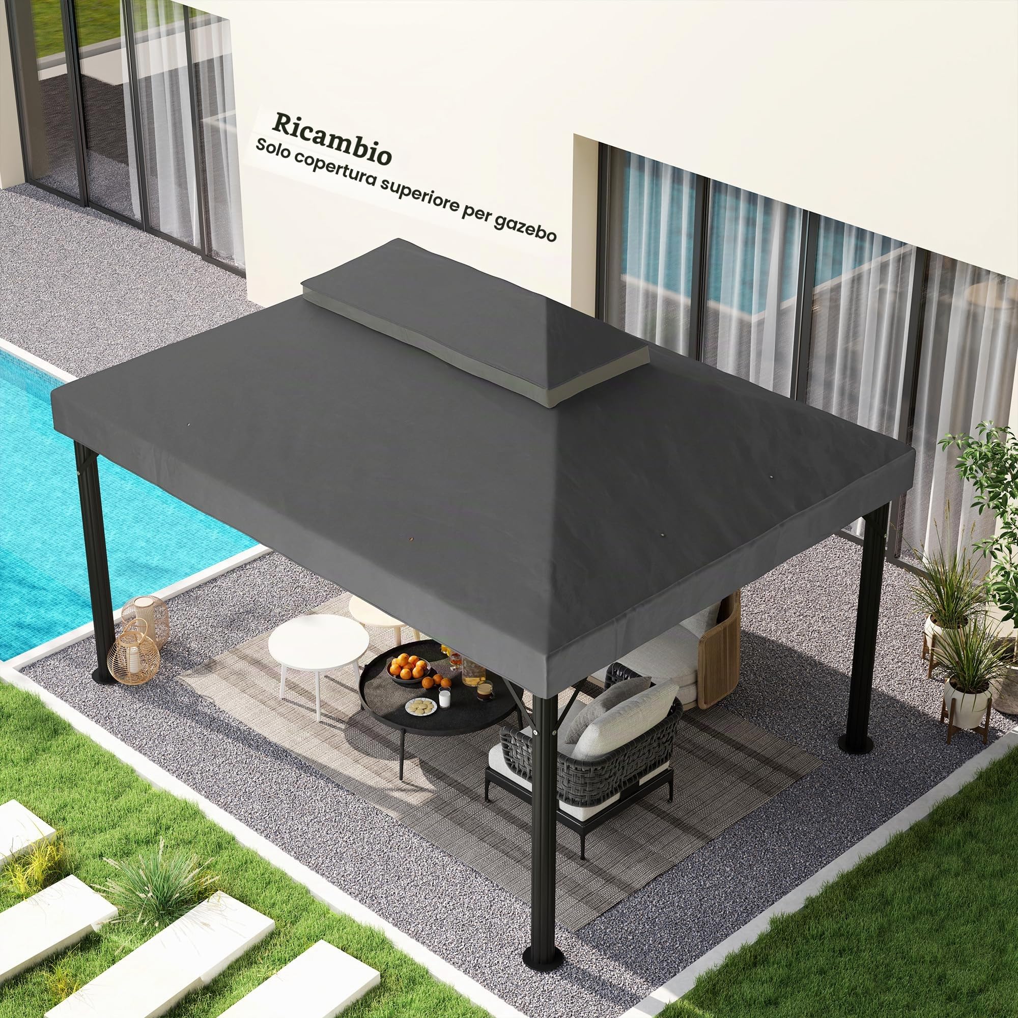 Outsunny Tessuto di ricambio per gazebo 4 x 3 m, doppio tetto con fori di drenaggio, poliestere ad alta densità 370 g/m², protezione solare UPF30+, SOLO SUPERFICIE INCLUSA, grigio scuro
