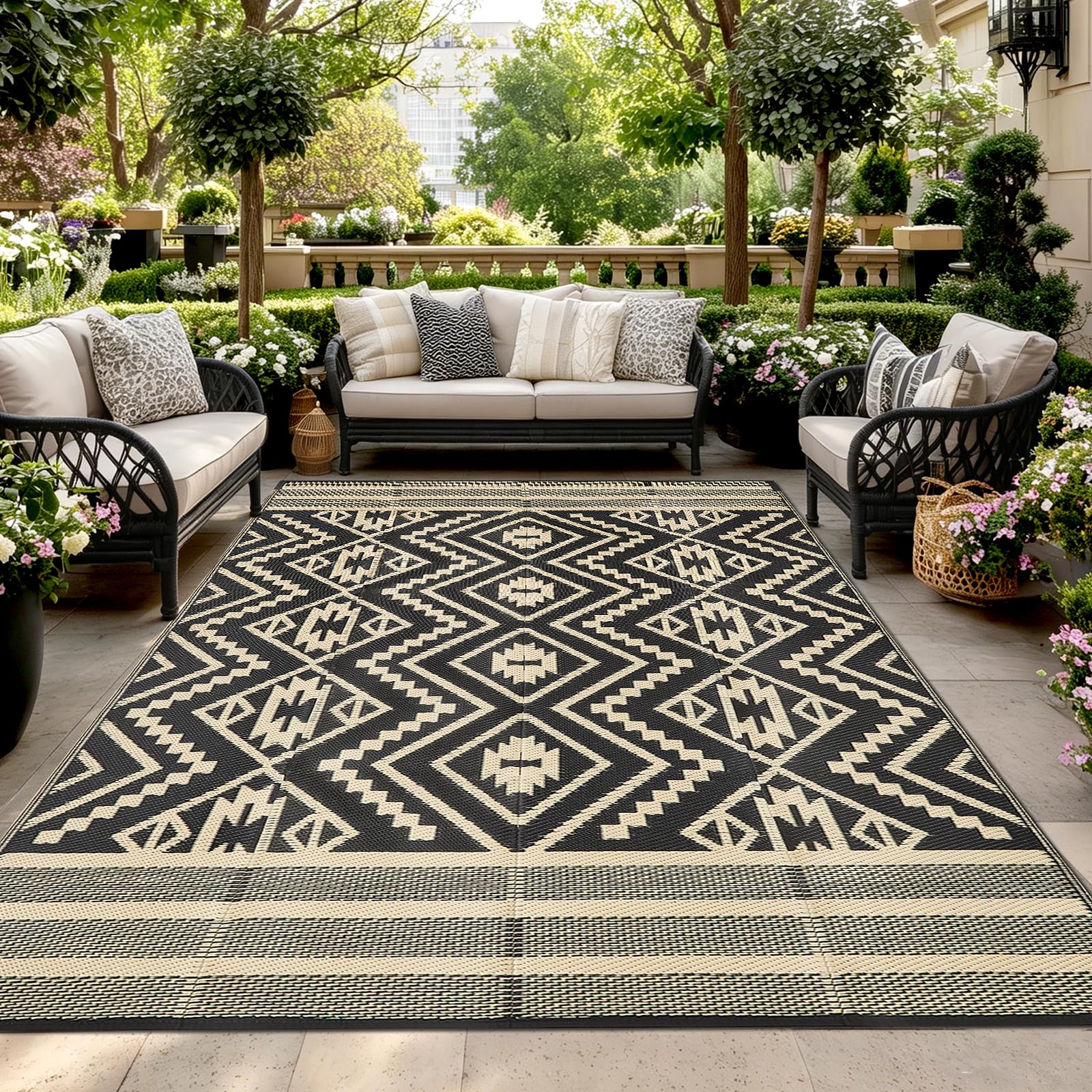 Luoven Outdoor Rug for Patios Waterproof, Reversible Garden Rugs, UV Resistant Boho Plastic Straw Carpet for Camping, RV, Balcony, Beach, Deck(120 x 180 cm, Black & Beige) — image 1