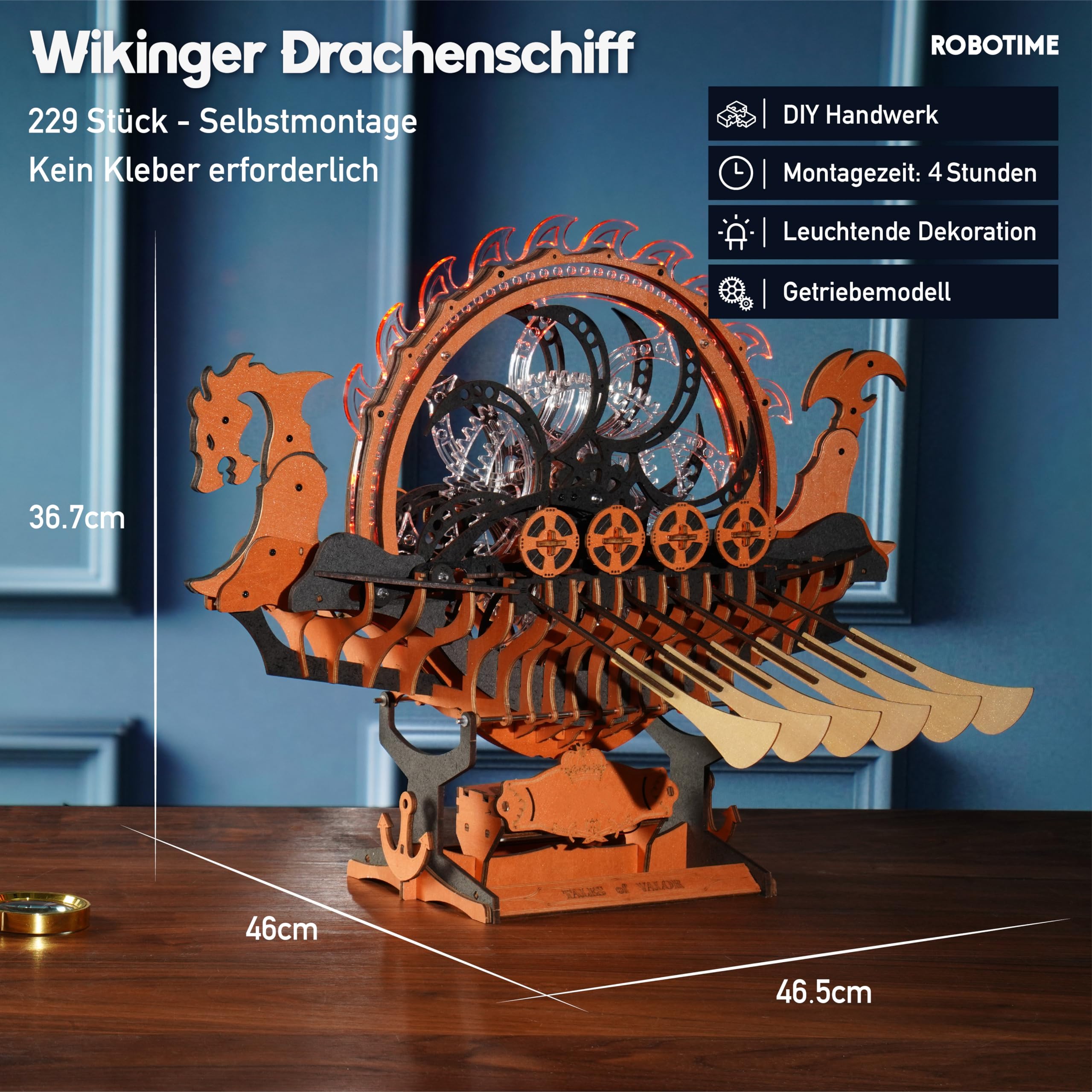 ROBOTIME Holzpuzzle Erwachsene Modellbausatz Schiff, 3D Puzzle Holz Holzpuzzle Erwachsene, Wikingerschiff mit Motor und LED-Leuchten, Mechanischer Zahnradantrieb, Geschenke Drachenschiff LK802