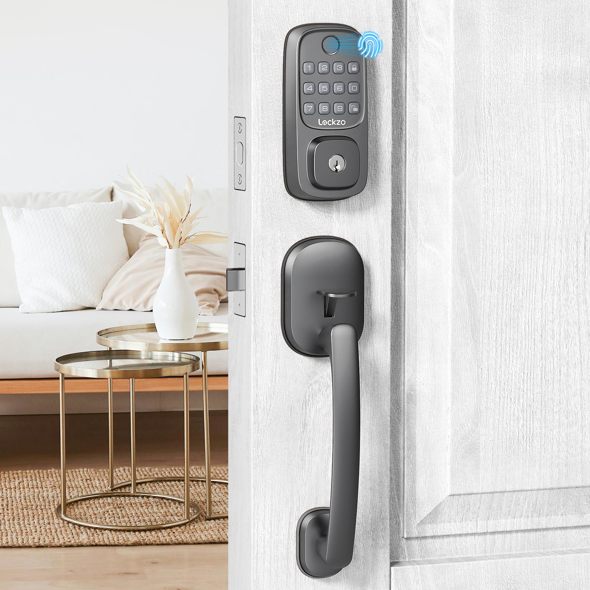 Smart Door Lock with Handle, Keyless Entry Door Lock Deadbolt Handle Set, Built-in WiFi Deadbolt Smart Lock for Front, Fingerprint, Keypad Code, App Control, Voice Control