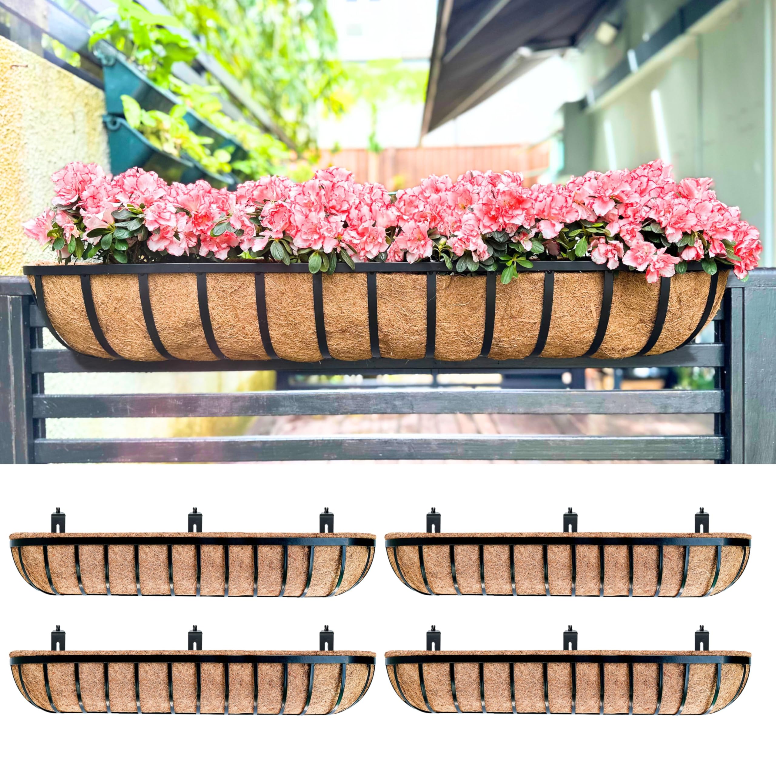 LaLaGreen Planter Boxes Outdoor (48 Inch, 4 Pack) Long Rectangular Deck Railings Flower Box with Coco Liner, Black Metal Balcony Bracket Hanging Planters for Plants Over Rails Fence Patio Porch Decor