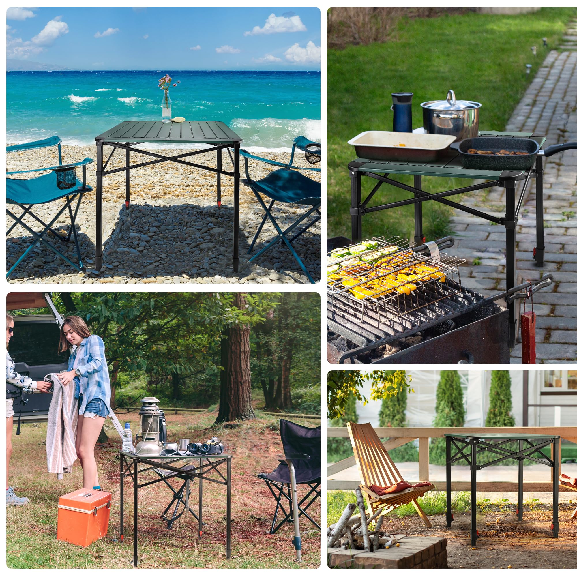 VILLEY Mesa Plegable con Bolsa de Transporte, Mesa Plegable Portátil de Aluminio, Mesa de Camping de Altura Ajustable, Mesa de Acampada para Picnic, Pesca, Camping, Playa y Extrior, 70 * 70 * 78cm
