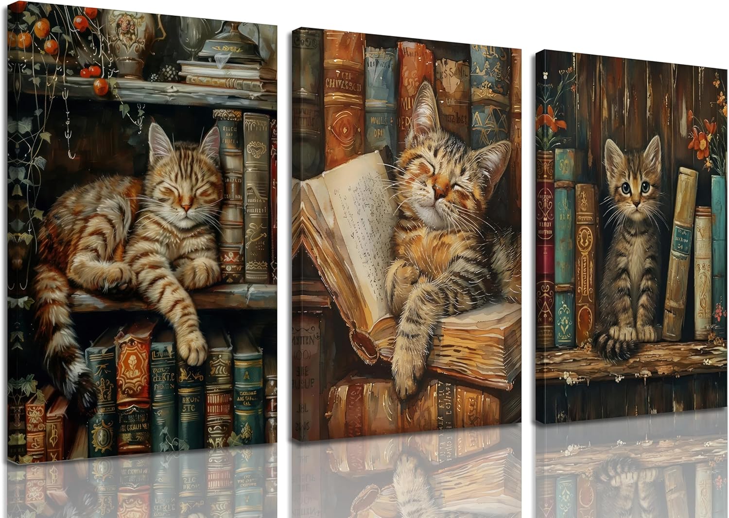 3Pcs Sleepy Library Cat Wall Art The Cats Fell Asleep In The Bookshelf Wall Decor Pictures Bookish Cat Canvas Posters Print for Cafe Bedroom Bookshelf Library Funny Wall Decoration 16x24in Unframed