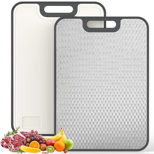 18/8 Stainless Steel Cutting Board, Large Double Sided Chopping Board for Kitchen (16x11"), Food-Grade 304 & Wheat Straw PP, Deep Juice Grooves, non Toxic, Non-Slip & Dishwasher Safe