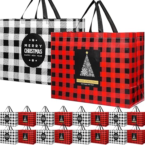 Colarr 36 bolsas grandes de Navidad con asa, bolsa de regalo de Navidad, no tejida, a cuadros, impermeable, reutilizable, para vacaciones (rojo,