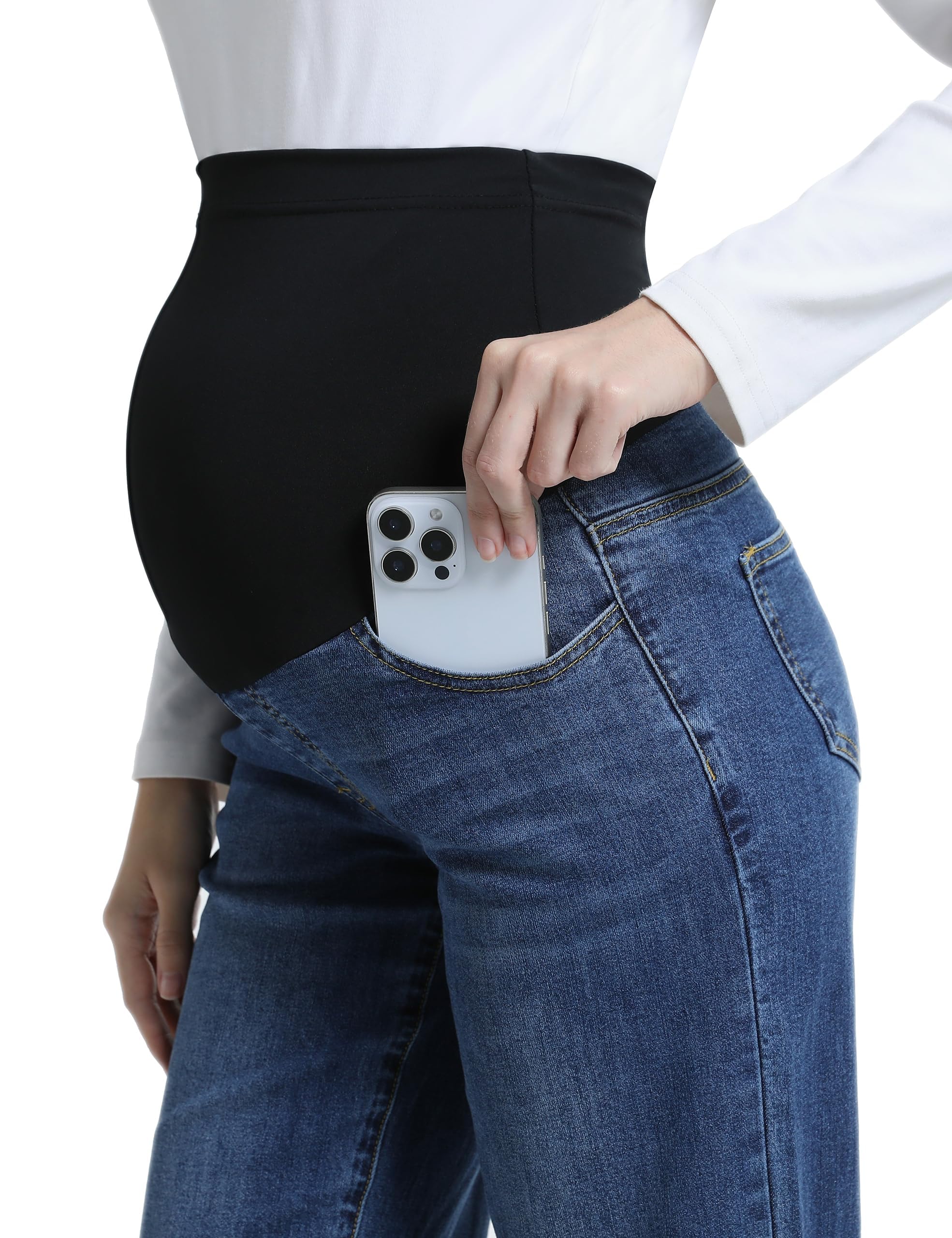Vaqueros de maternidad para mujer con pierna ancha sobre el abdomen, elásticos, piernas rectas, pantalones de maternidad, pantalones vaqueros con bolsillos