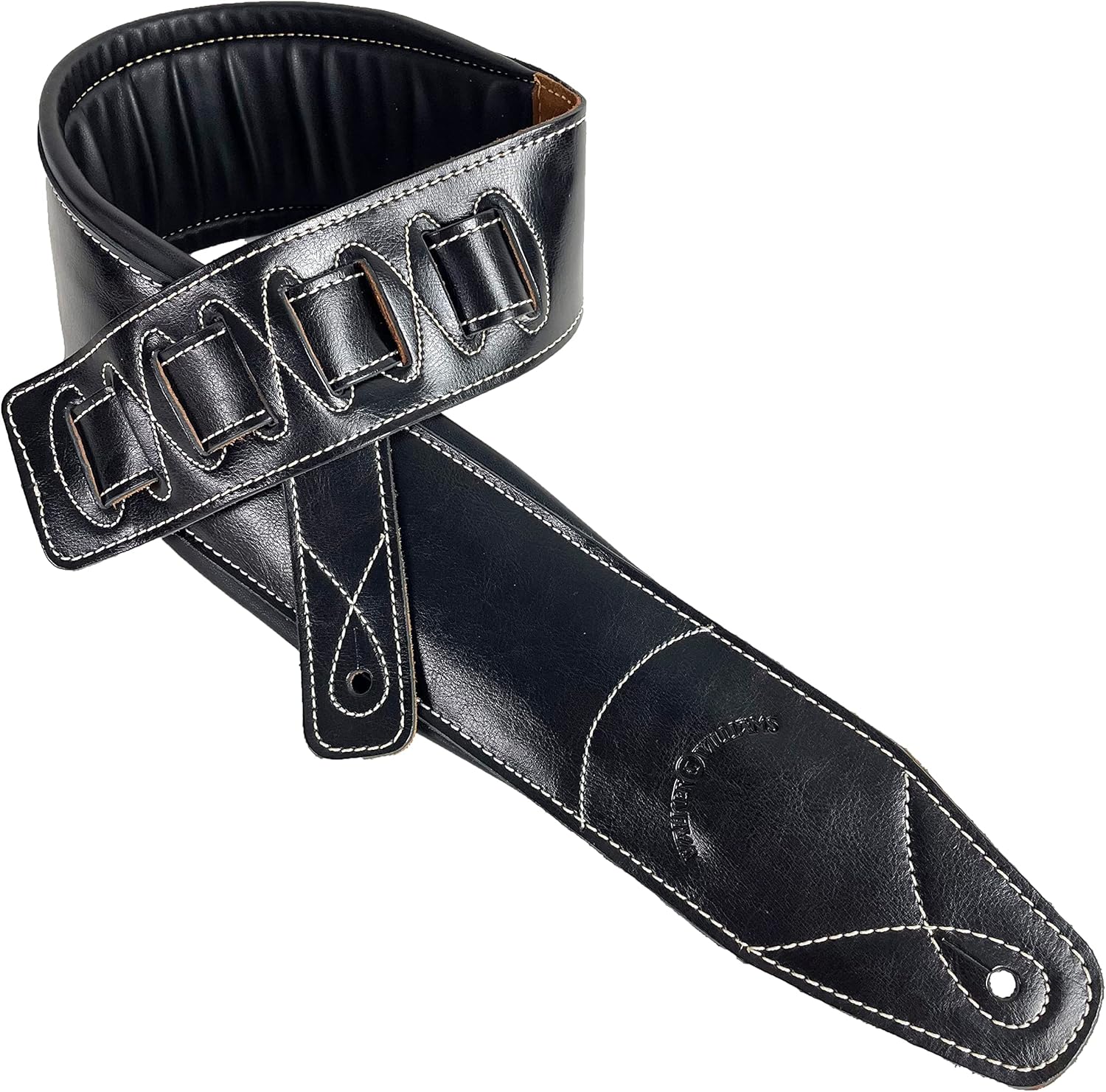 Walker & Williams B4B-XL Extra Long 4” Wide Premium Classic Black Signature Grain Leather Padded Guitar Strap Up To 58" For Acoustic, Electric, And Bass Guitars