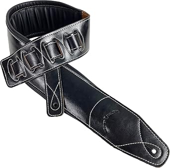 Walker & Williams Super Wide 4" Handmade Double Padded Classic Black Premium Signature Grain Leather Guitar Strap For Acoustic, Electric, And Bass Guitars