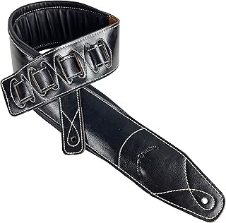 Walker & Williams Super Wide 4" Handmade Double Padded Classic Black Premium Signature Grain Leather Guitar Strap For Acoustic, Electric, And Bass Guitars