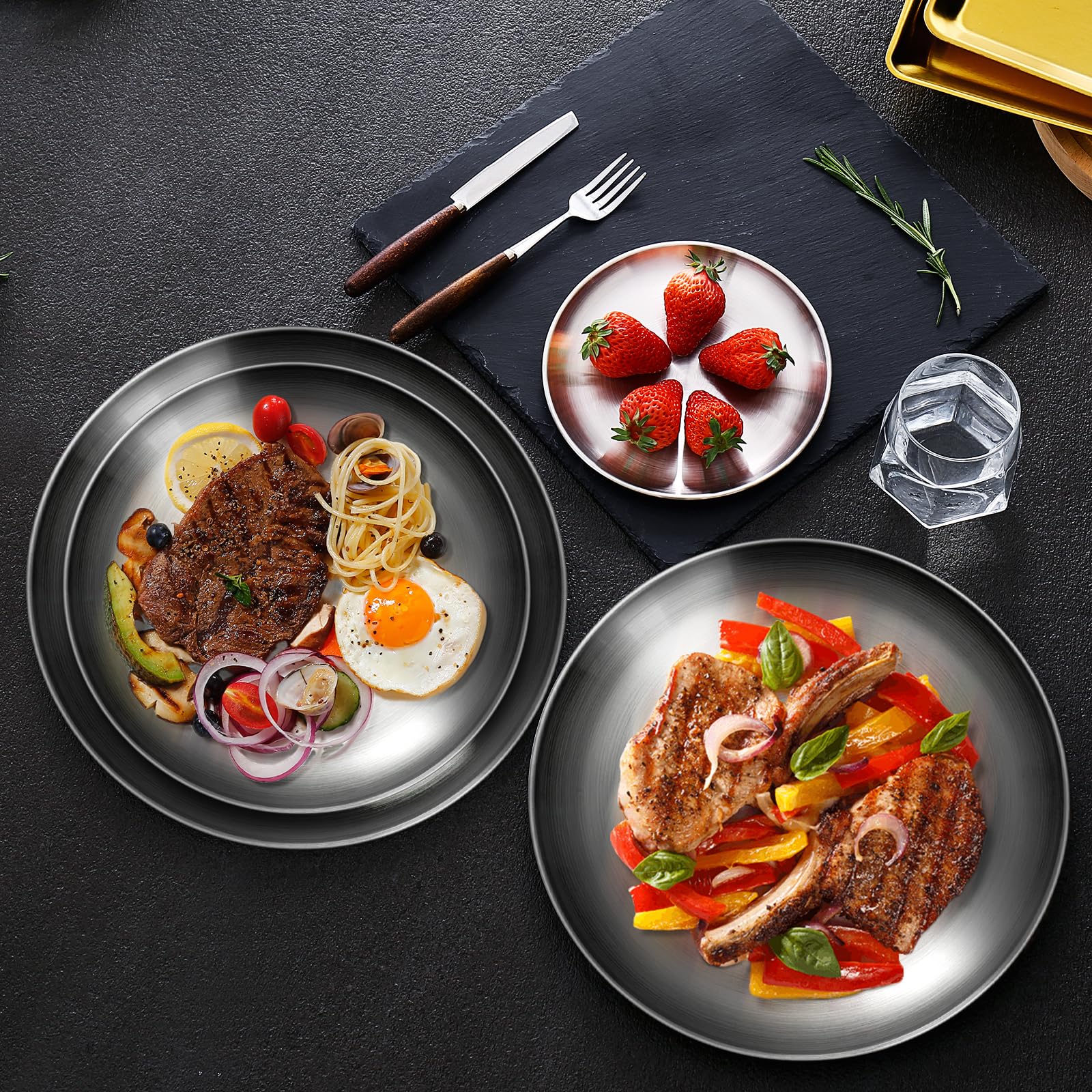 Stainless Steel Plates Set Of 6, 9inch Metal Dinner Dish For
