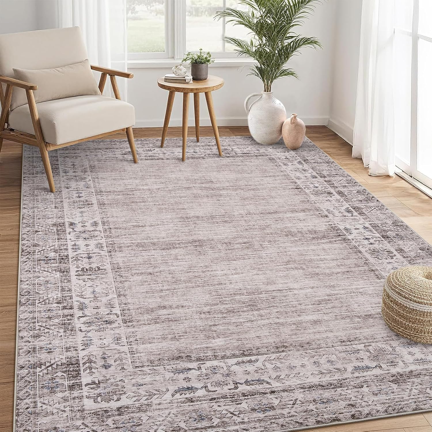 Garvee Washable Rugs 8x10 Solid Border Rugs for Living Room Stain-Resistant, Traditional Distressed Carpet Retro Accent Bordered Rug Non Slip Carpet for Bedroom Dining Room Office, Taupe