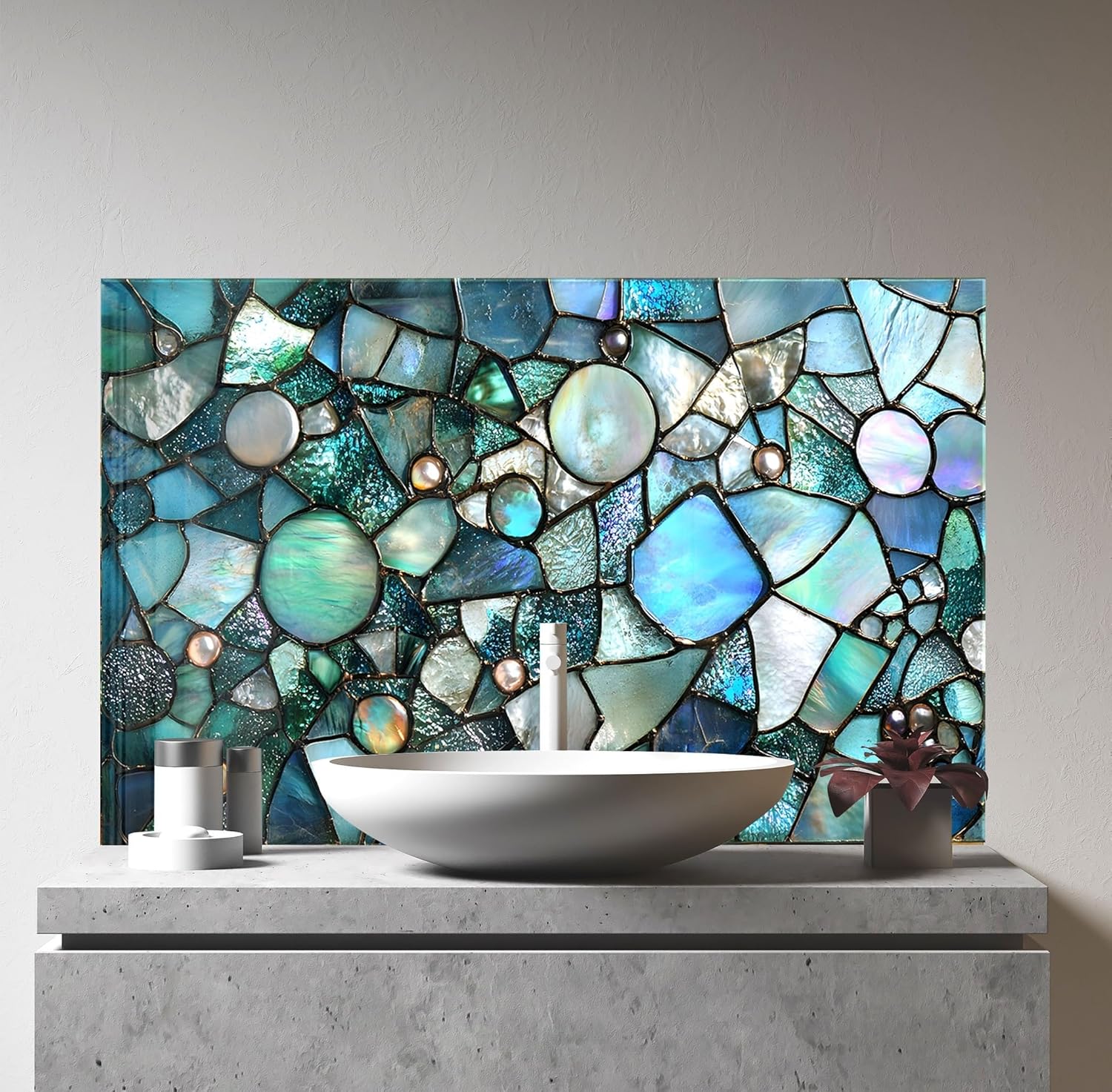 Myphotostation 30Wx16H'' Ocean Jewel Iridescent Mosaic Tempered Glass Backsplash, Glass Splashback For Kitchen, Stove Wall Protector, Cutting Board, Cooker Wall Panel, Stove Back Cover