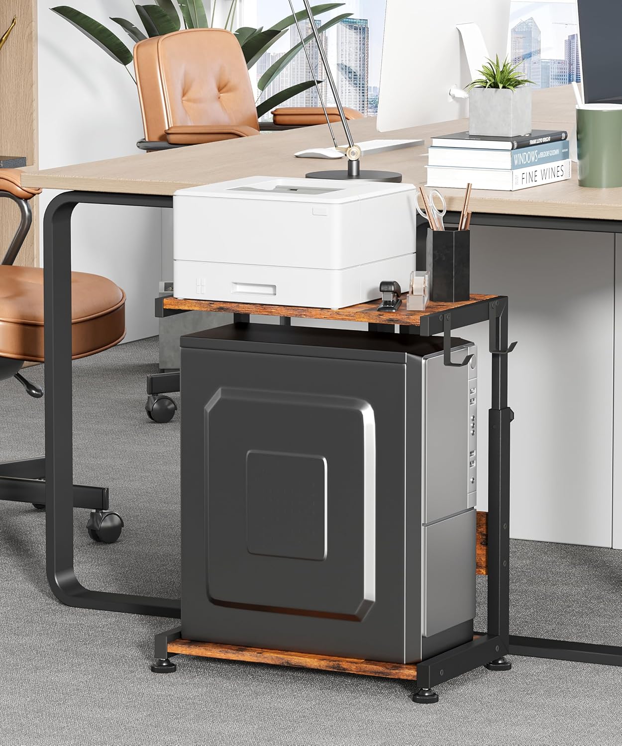 Height Adjustable Computer Tower Stand with Charging Station, 2 Tier Mobile Floor PC Stand, CPU Holder Cart for Carpet, Rolling Printer Stand with Hooks, Rustic Brown