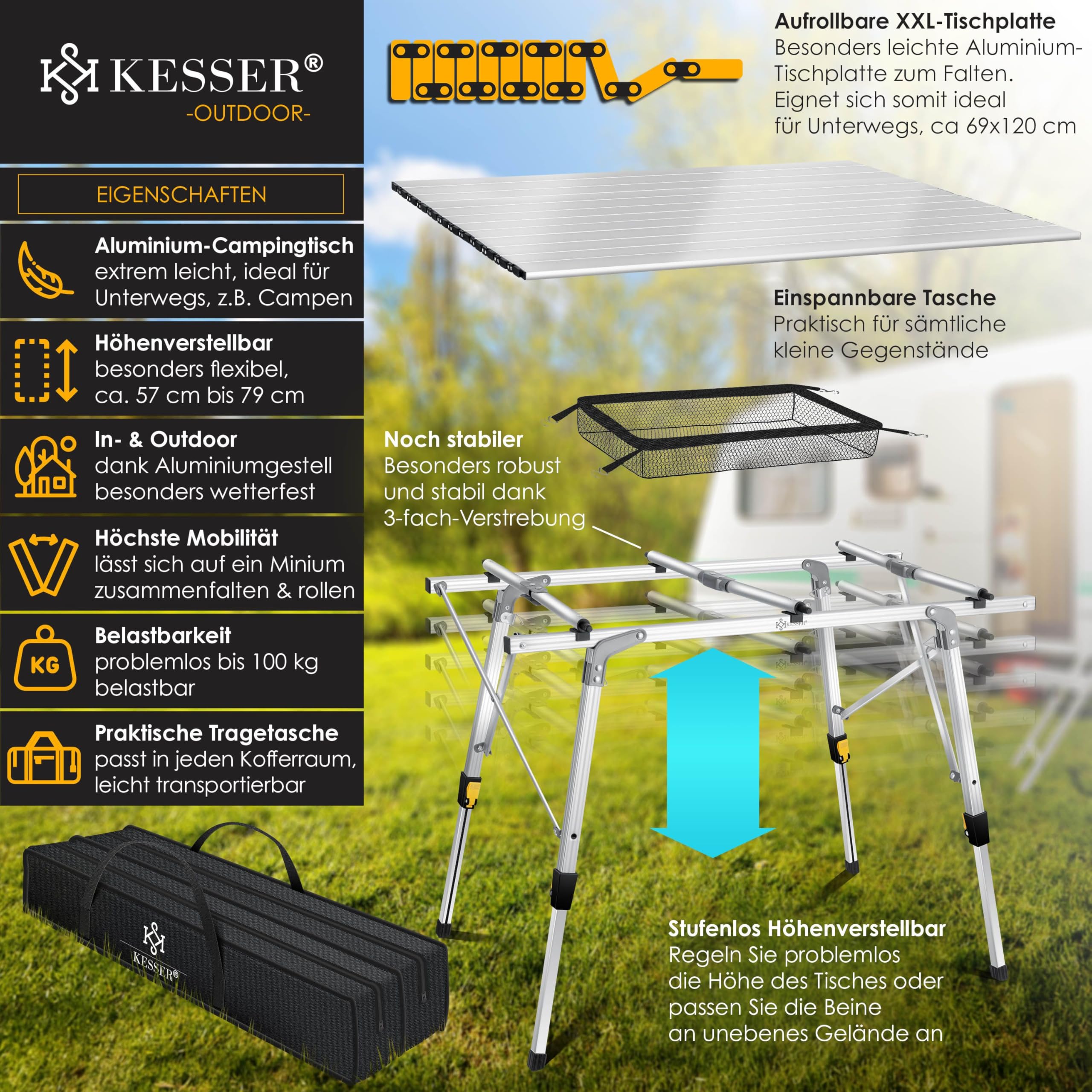 KESSER® Mesa de Camping Plegable Con Marco de Aluminio, Tablero Enrollable, Ajuste de Altura, Bolsa de Transporte Con Correa, 120 x 70cm - Hasta 30 kg