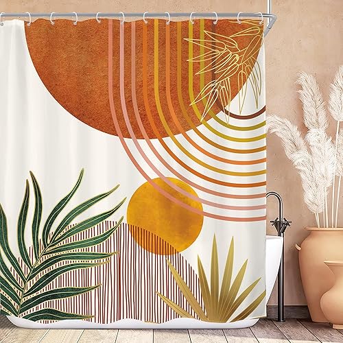 Miniatura 51 de KOMLLEX Cortina de ducha bohemia naranja de mediados de siglo para decoración de baño, 48 pulgadas de ancho x 72 pulgadas de alto, abstracto,
