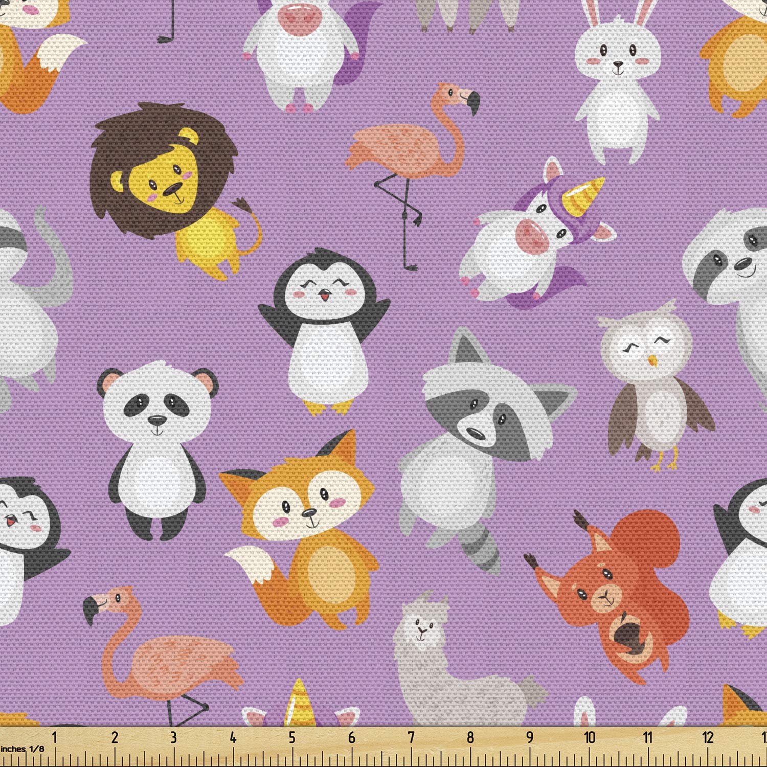 Lunarable Raccoon Fabric by The Yard, Forest Animals Leon Flamingo Panda Bear Fox Unicorn Camel Bunny Cartoon, Decorative Fabric for Upholstery and Home Accents, 3 Yards, Multicolor