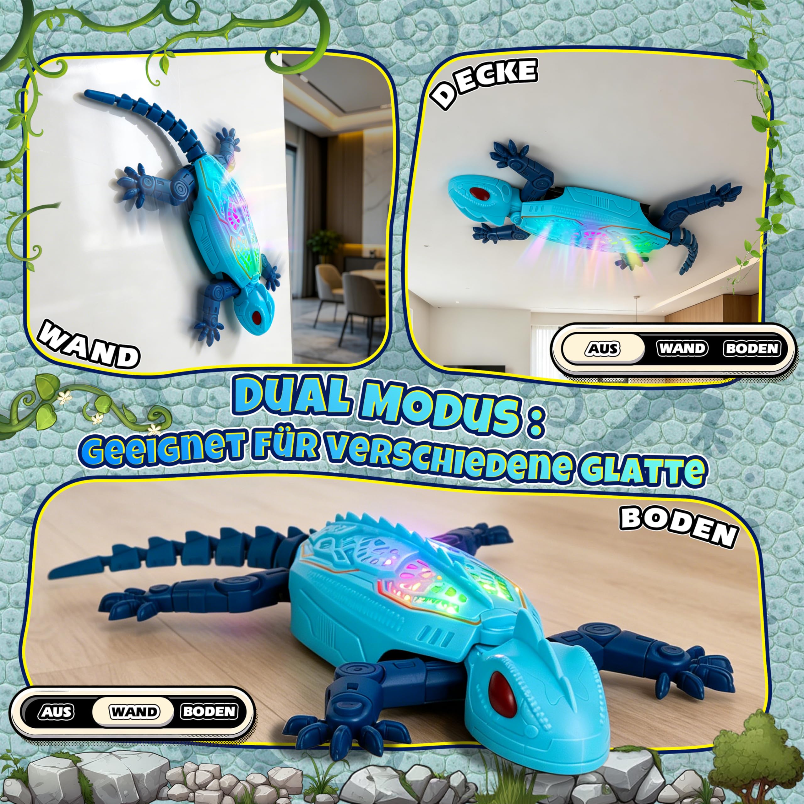 FORMIZON Gecko Wandflitzer mit 9 Beleuchtungsmodi, Ferngesteuerter Gecko an der Wand Spielzeug, Realistische Bewegungen, Interaktives Kinder Roboter Geschenk für Jungen Mädchen ab 3 Jahren (Blau)