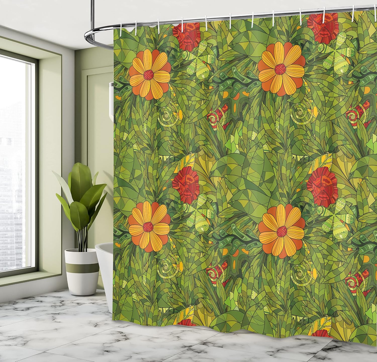 Ambesonne Floral Shower Curtain, Funky Flower Foliage Bush with Fractal Retro Jungle Art Design, Cloth Fabric Bathroom Decor Set with Hooks, 69" W x 70" L, Olive Green Vermilion