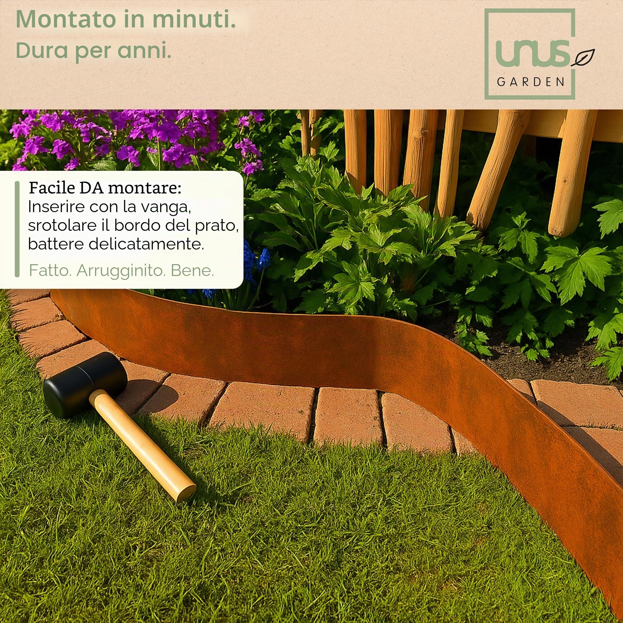 UNUS Bordo per prato, in acciaio corten, liscio, 10 m x 10 cm, flessibile, effetto ruggine, per aiuole, prati e sentieri