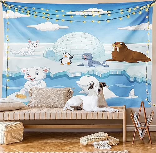 Miniatura 8 de Ambesonne Tapiz de animales tamaño King, imagen de animales árticos, osos polares, foca, pingüinos, lobos, ballenas, obra de arte, colcha para