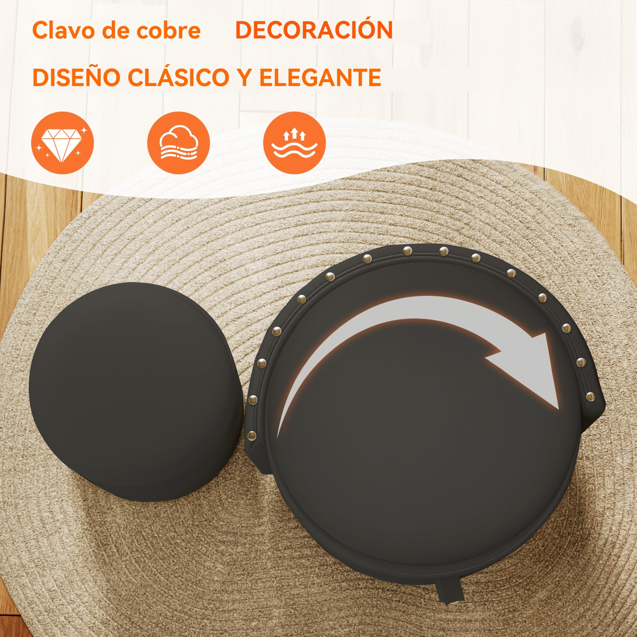 Otomano Redondo de Almacenamiento, Taburete con Almacenamiento Y Reposapiés Plegable para Sala de Maquillaje, Sala de Estar, Dormitorio