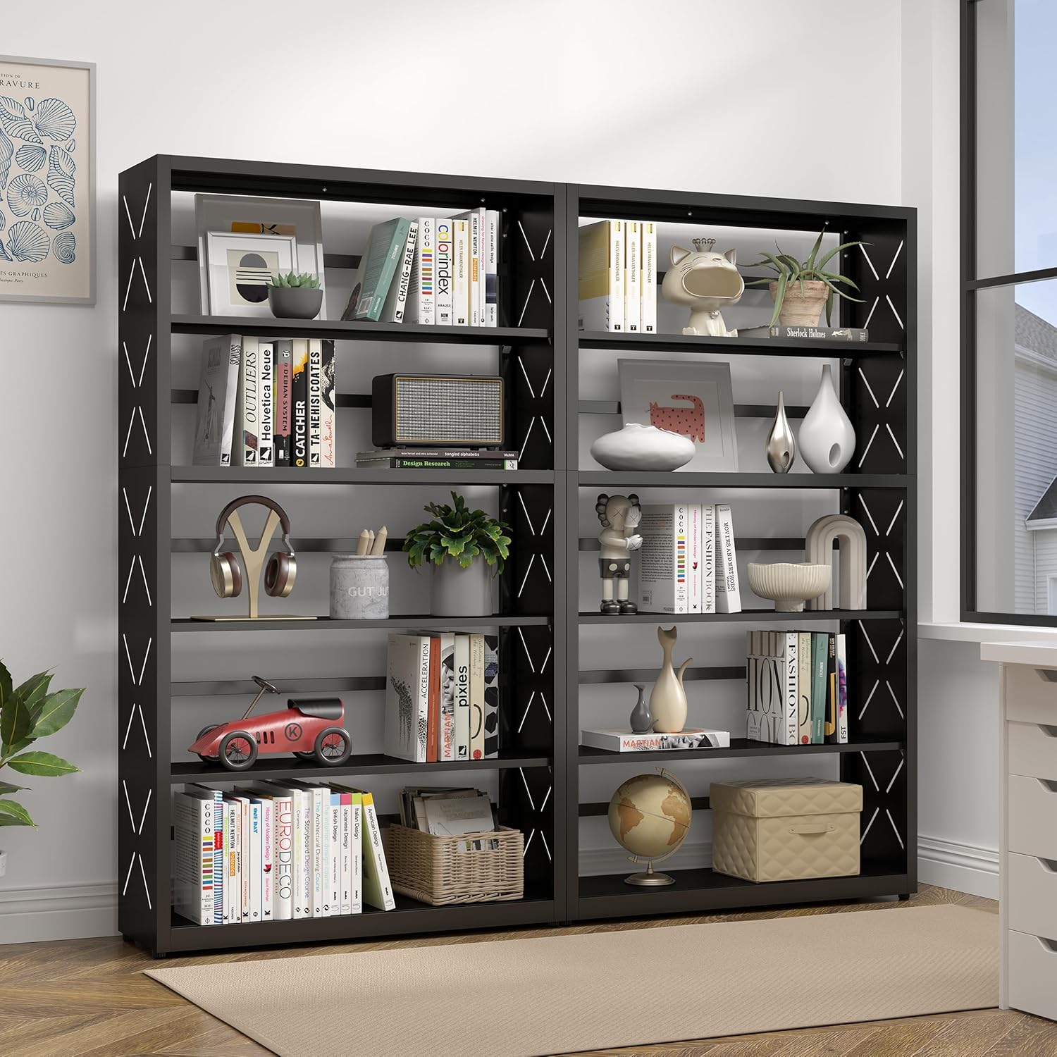 5 Tier Bookshelf, 55"Tall Metal Bookcase with Adjustable Shelves, Modern Display Book Shelf, Black Bookcase Shelf, Utility Shelf, Storage Shelves for Office, Living Room, Kitchen, Study-31"W
