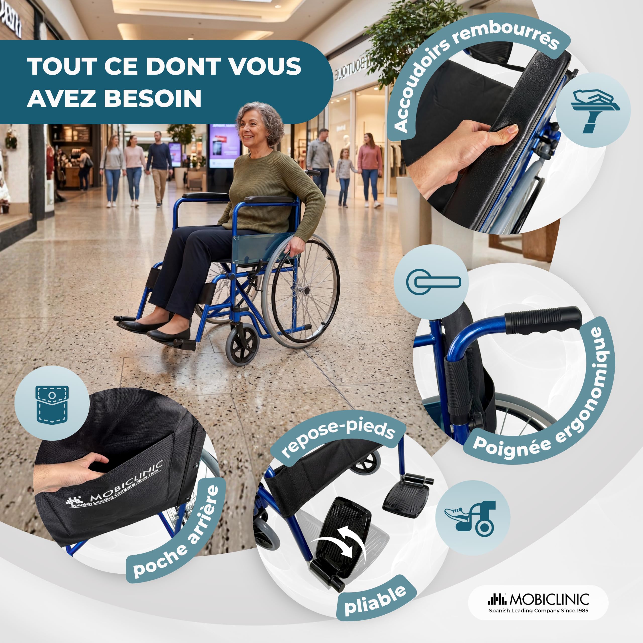 Mobiclinic®, Fauteuil roulant pliant, Alcázar, Marque européenne, Siège 46 cm, Frein manuel, Accoudoirs fixes et repose-pieds pliants, Pour personnes handicapées, Couleur bleu/noir