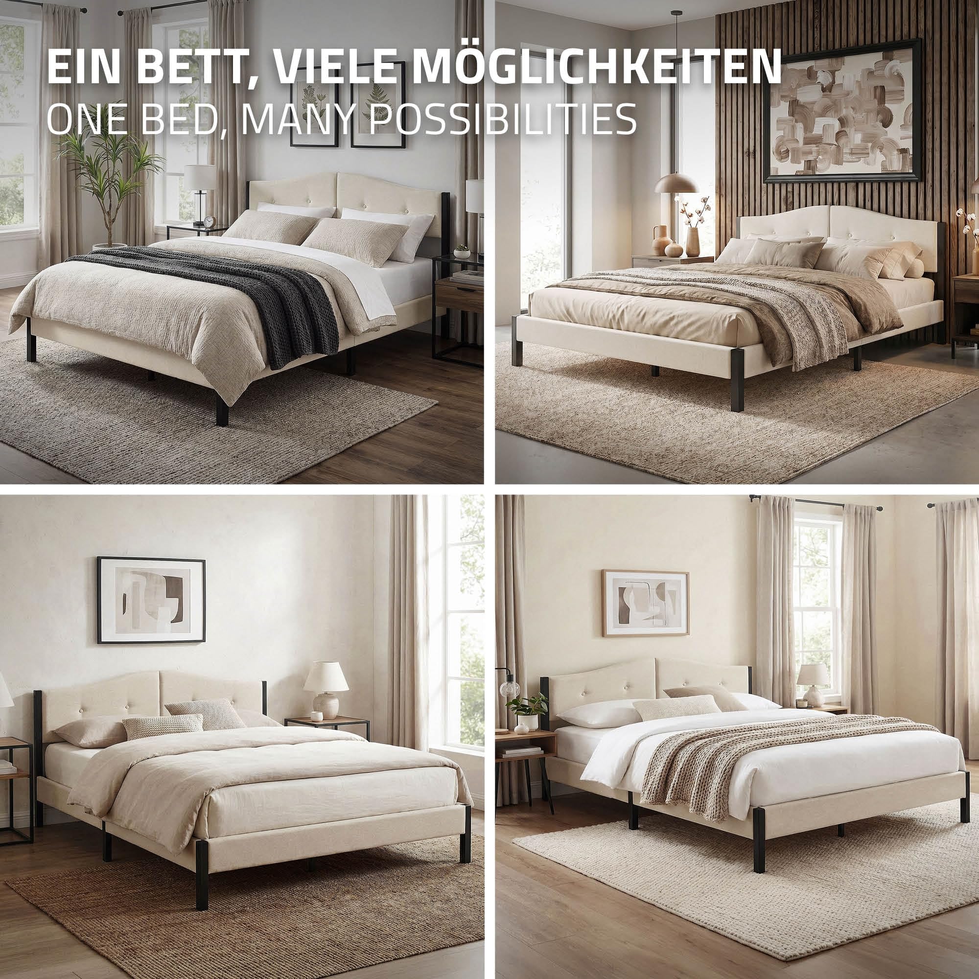 ML-Design Lit Rembourré 160x200 cm, Cadre de Lit Double avec Sommier à Lattes et Têtière, Capitonné en Tissu de Lin Beige, Structure Stable en Acier, Mobilier pour Chambre à Coucher, Montage Simple