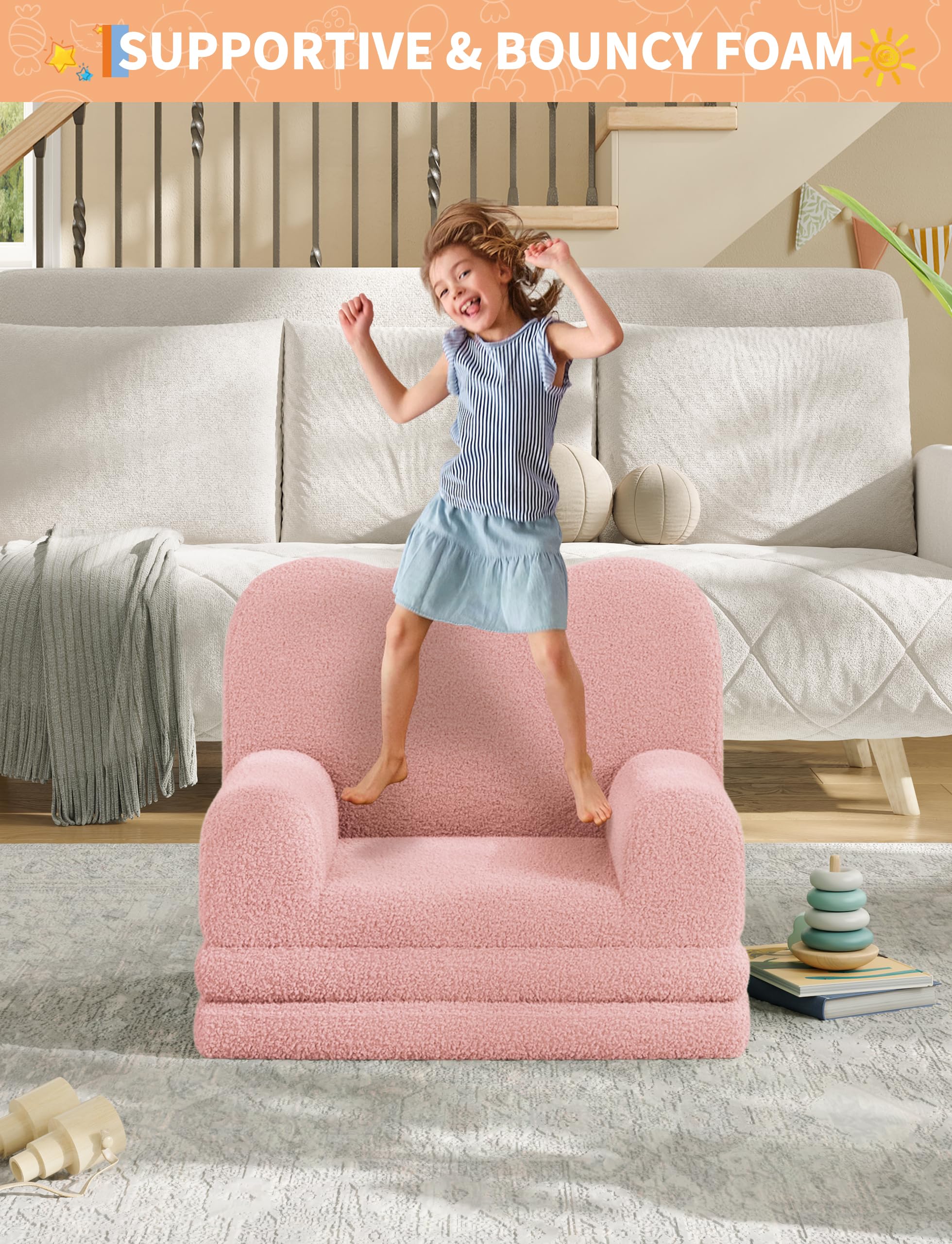 Garvee Kindersofa, 2-in-1 Konvertierbare Teddy Fleece Stoff Kleinkindsofa, weicher ausklappbarer Couch für Kinder, bequemes Kindersofa für das Spielzimmer, Kinderzimmer, Geburtstagsgeschenk
