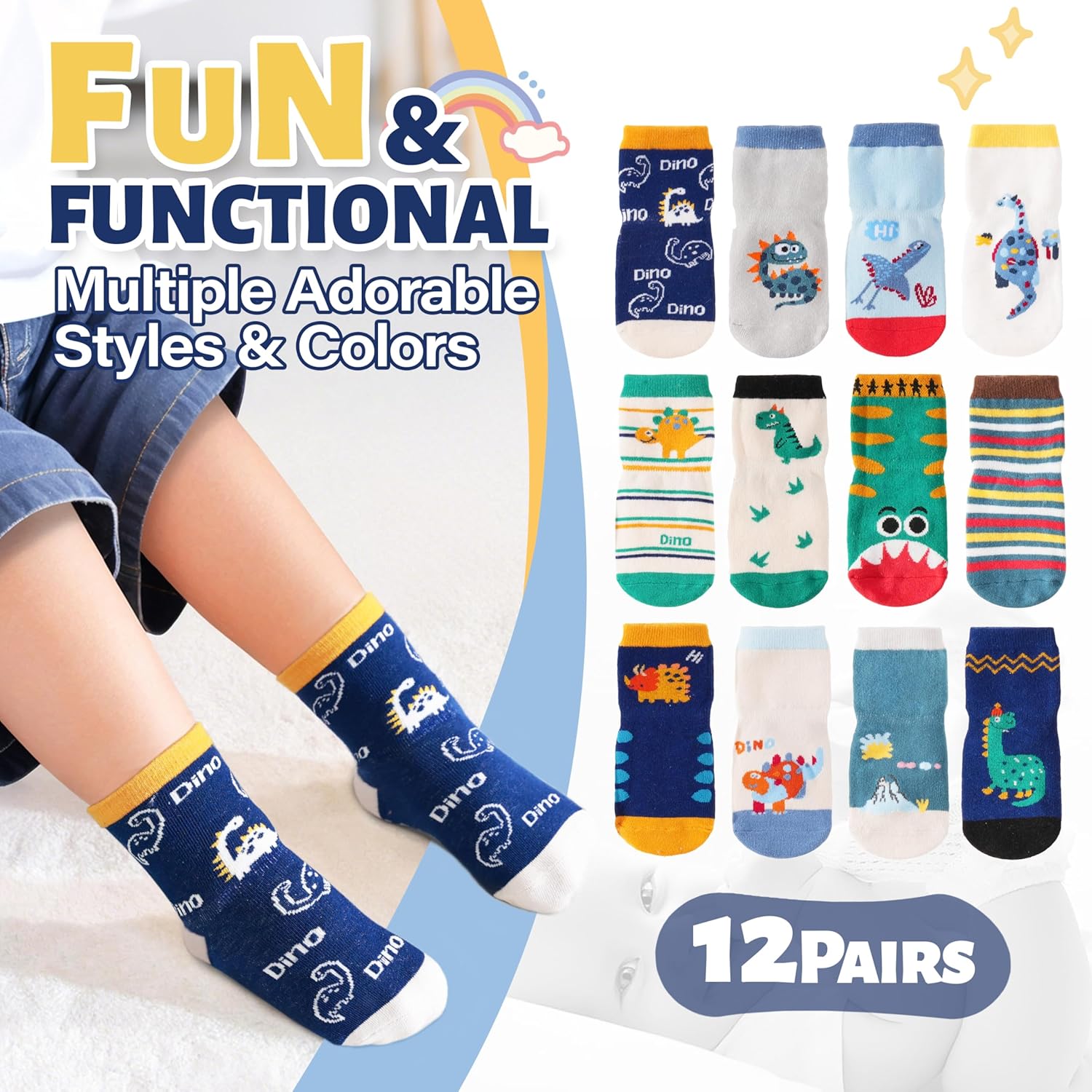 ANTSANG 12 Pairs Baby Girls Boys Toddlers Kids Grips Socks Crew Cotton Non-Slip/Anti-Skid Grips Socks - Image 3