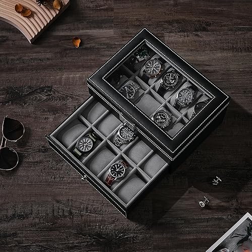 Miniatura 8 de BEWISHOME Organizador de caja de reloj para 20 hombres caja de almacenamiento de exhibición de metal con bisagra de metal negra de piel sintética