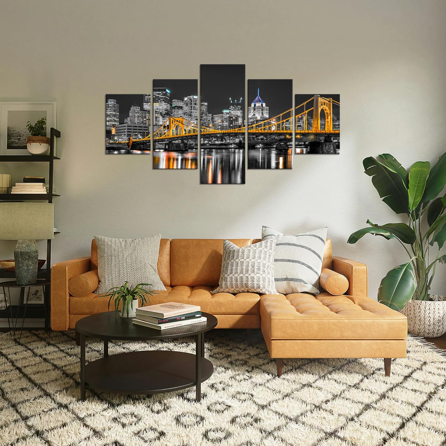 Pittsburgh Wall Art Pennsylvania Pittsburgh City Skyline Wall Decor Rachel Carson Bridge Picture Print Black and White Painting Poster Frame Home Living Room Decoration(60x32 inches)