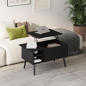 35.4" Lift Top Coffee Table with Hidden Compartment and Open Storage Shelf for Living Room, Black