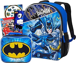 Batman Backpack with Lunchbox Set for Boys Kids ~ 6 Pc Bundle With Deluxe 16" Batman Backpack, Insulated Lunch Bag, Stickers, and More (Batman School Supplies)
