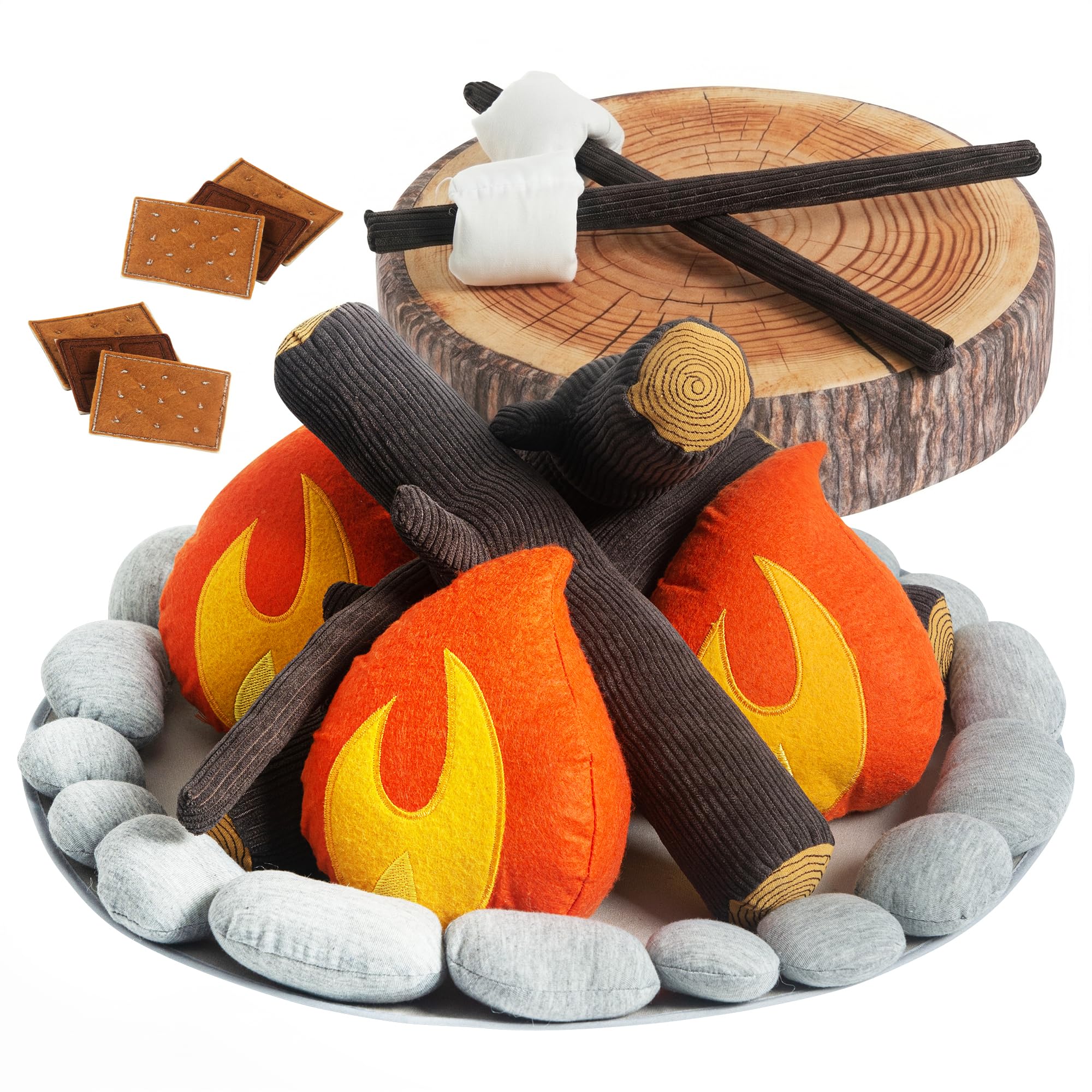 Photo 1 of Pretend Campfire Set for Kids with S'Mores Kit & Wood Log Pillow - Soft, Safe & Durable Toy Campfire for Pretend Play & Sensory Play - Giftable Plush Felt Kids Campfire Playset for Ages 3+