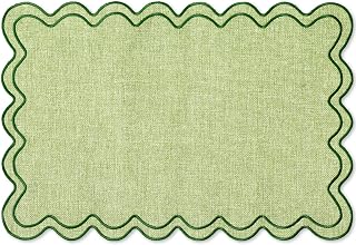 Whaline Green Embroidered Scalloped Placemats Set of 6, 13x19 Inch - Elegant Kitchen Dining Table Mats for Spring Baby Shower & Parties