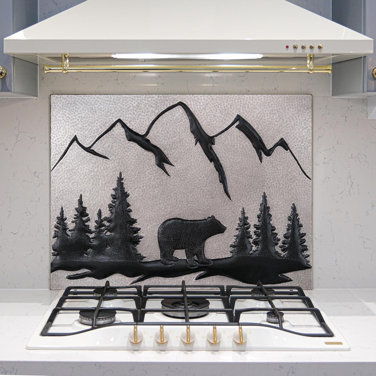 Kitchen Backsplash, Bear in the Forest Copper Backsplash, Custom Copper Backsplash Panel, Handmade Copper Backsplash Tile, Indoor Outdoor Wall Decor (Gray&Black)