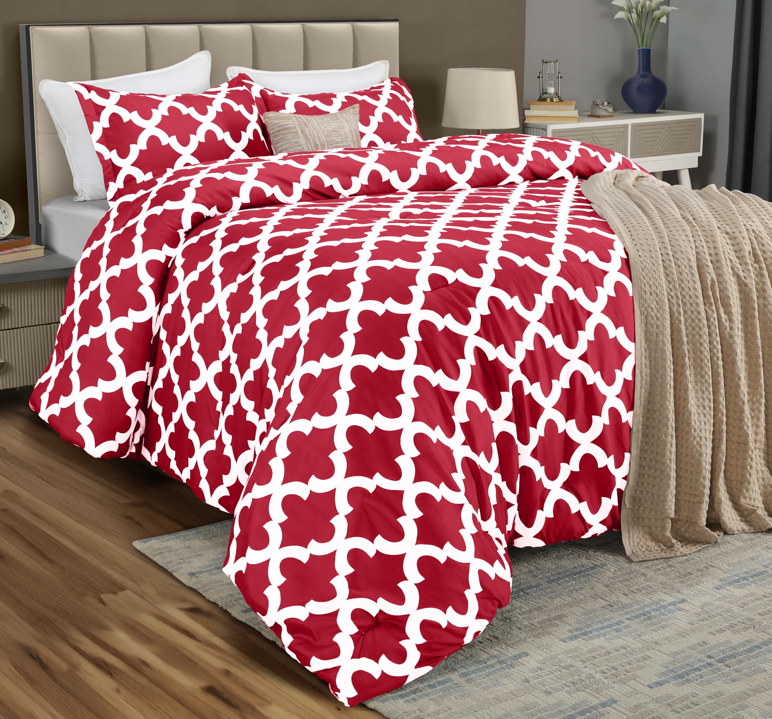 Bedding - Comforter Set with 2 Pillow Shams - 3 Pieces Bedding Comforter Sets - Down Alternative Comforter - Soft and Comfortable - Machine Washable, Red, Queen