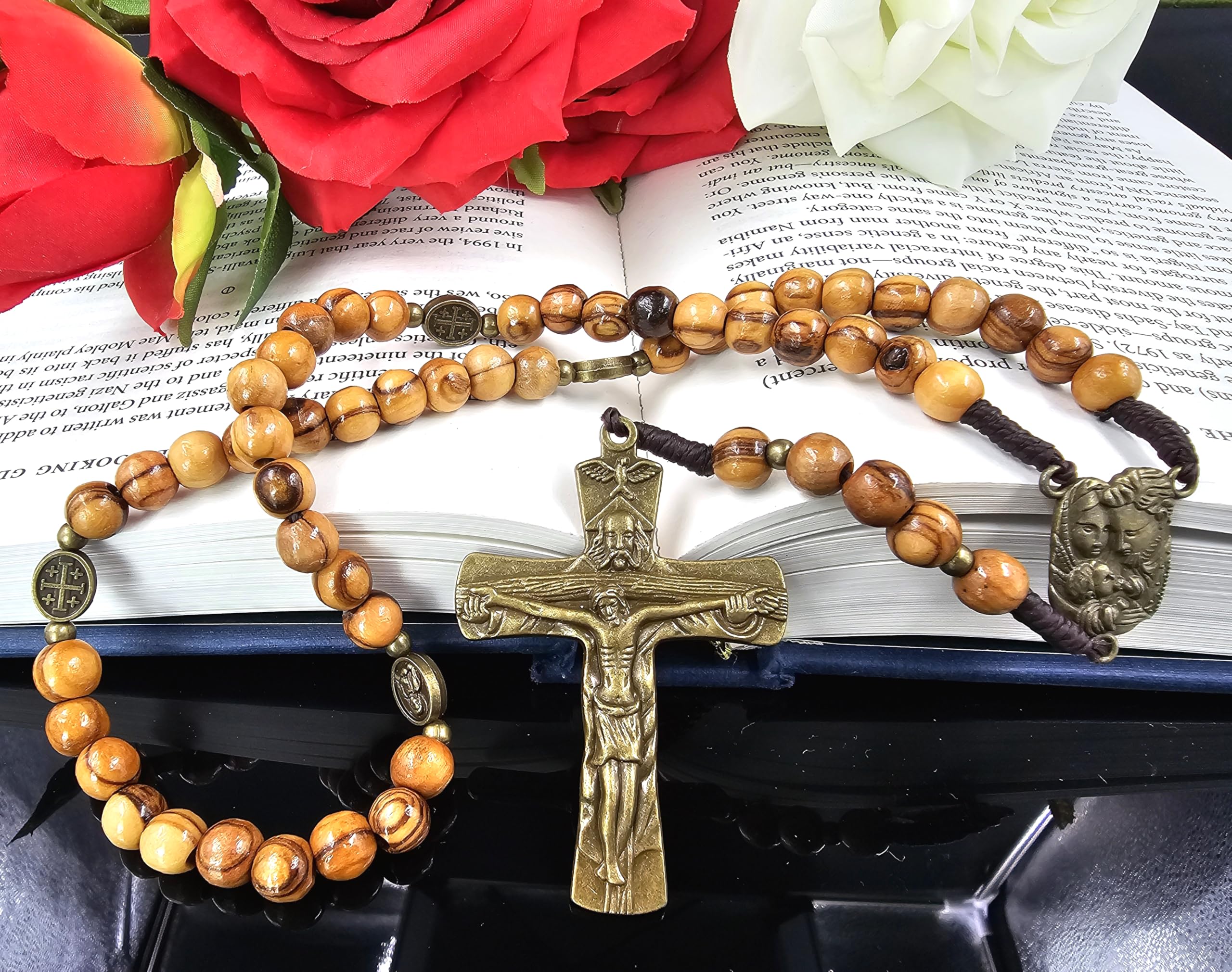 TALISMAN4U Olive Wood Prayer Beads Catholic Rosary Bronze Crucifix | Holy Family Medal Handmade Gift for Men & Women Rosary Pouch & Prayer Card Included product thumbnail 7