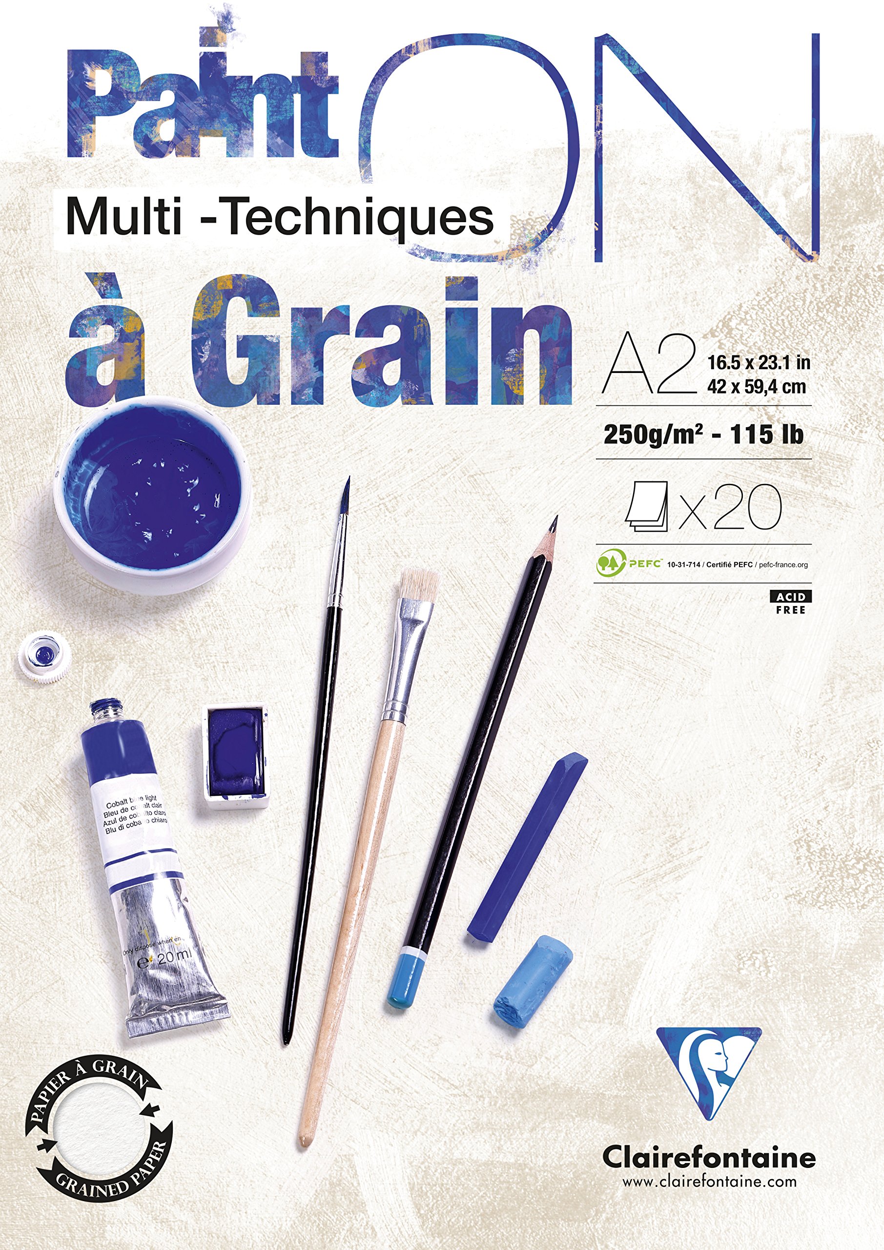 Clairefontaine 975051C PaintOn Block (mit 2 Körnungen, 250 g, hochqualitativ, DIN A2, 42 x 59,4 cm, geleimt, 20 Blätter, ideal für Multitechniken, 100% Zellulose) weiß