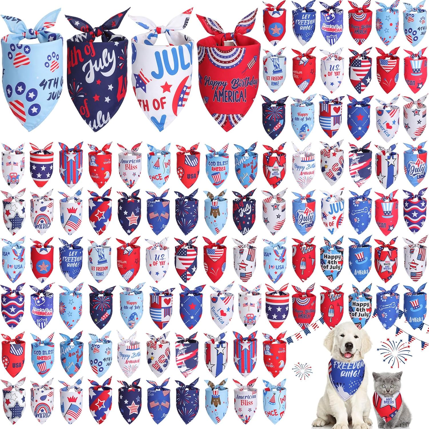 Chunful 100 Pcs 4th of July Dog Bandana Bulk Patriotic Dog Bandana American Flag Scarf Triangle Bibs Washable Puppy Kerchief Adjustable Grooming Supplies for Small Medium Large Dog Cat Accessory