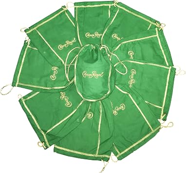 Pack of 10 Green Crown Royal Bags w/Gold Drawstrings from 1 Liter Bottles 9 inch x 5.5 inch for Gift Bags, Carrying Card Games or Dice Bulk Fabric for quilting sewing or crafts 10