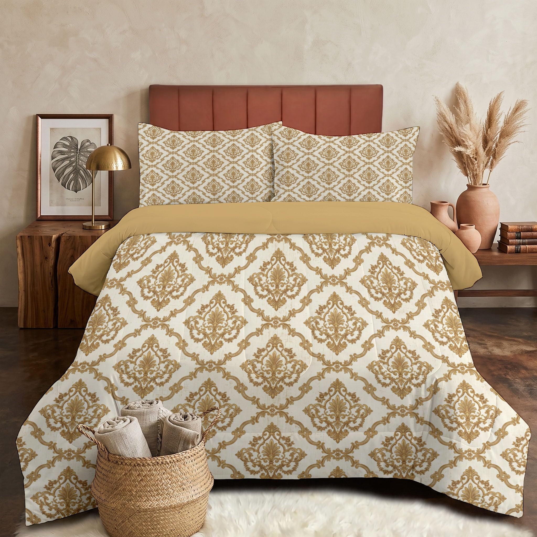 Copriletto Trapuntato Per Bambini Con Fiori Damascena Classici | Trapunta Singolo Invernale, Oro, Piumone Caldo Morbido Geometria Barocca Di Lusso Per Decorazione Camera Da Letto