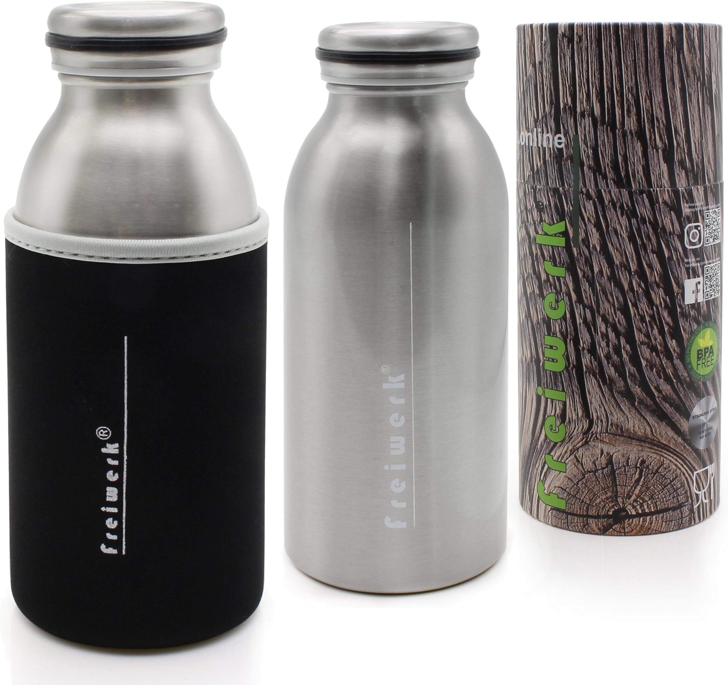 Freiwerk® Thermal Isolated Bottle Flask 350 ml, Double-Walled Stainless Steel, with Neoprene Sleeve, Kids, Travel, Outdoor Bottle