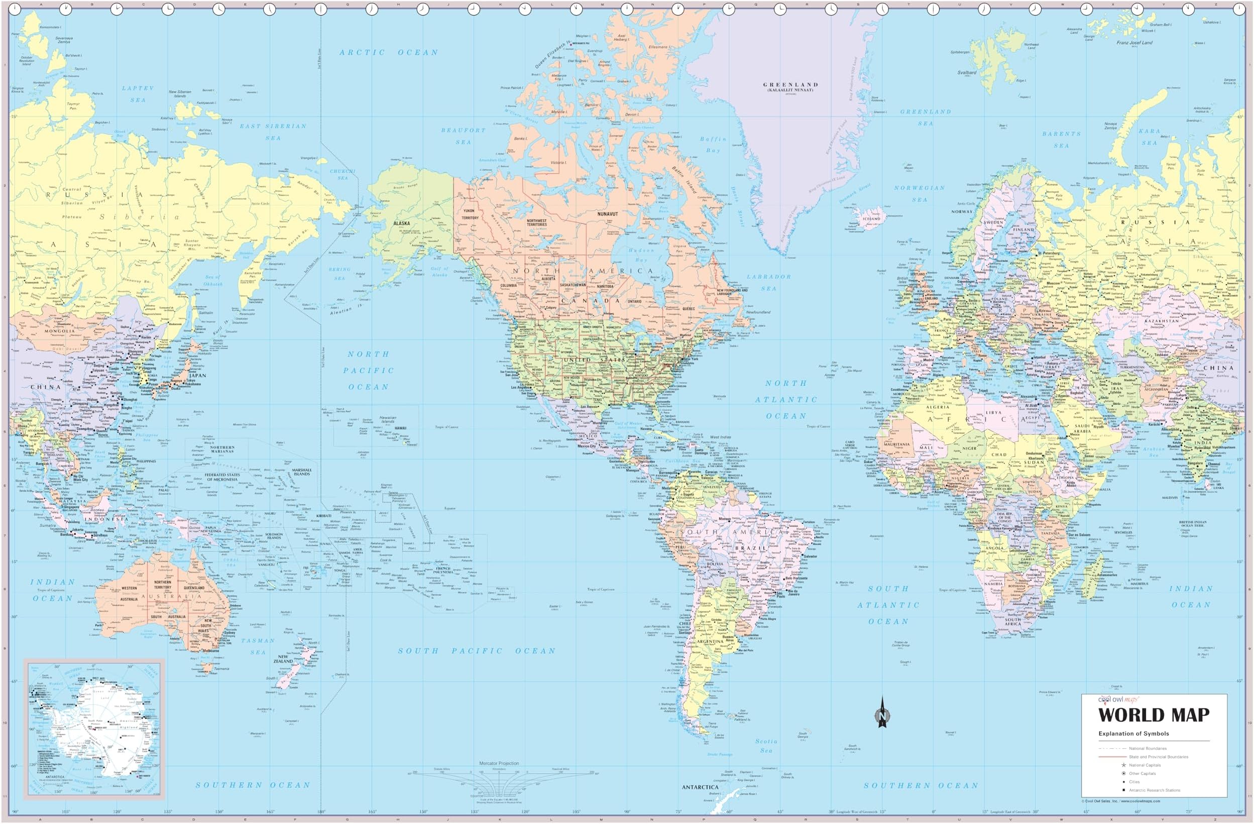 Cool Owl Maps World Wall Map, United States Center Political (36"Wx24"H), Rolled Laminated