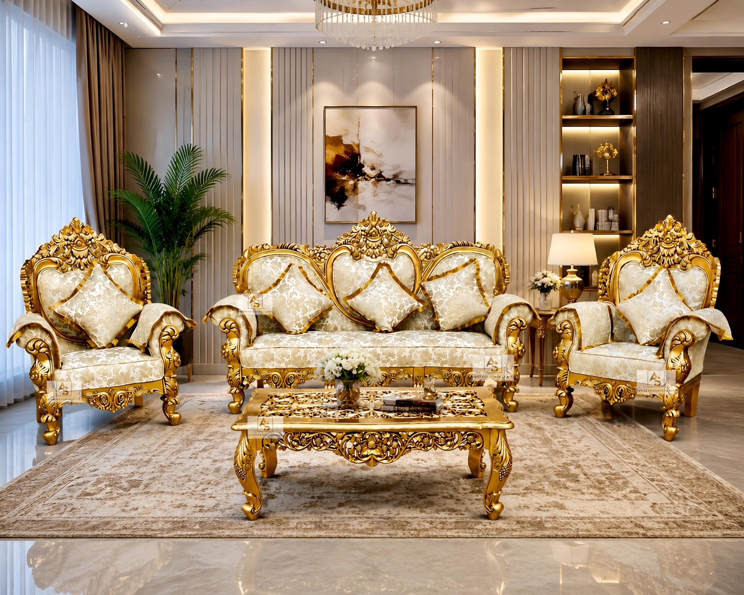 Royal Carved Wooden Sofa Set | 3+1+1 Seater with Center Table| with Floral Gold Upholstery with Maharaja Carving | Victorian Style Furniture Tufted Love Sofa Set Antique Gold-image-21