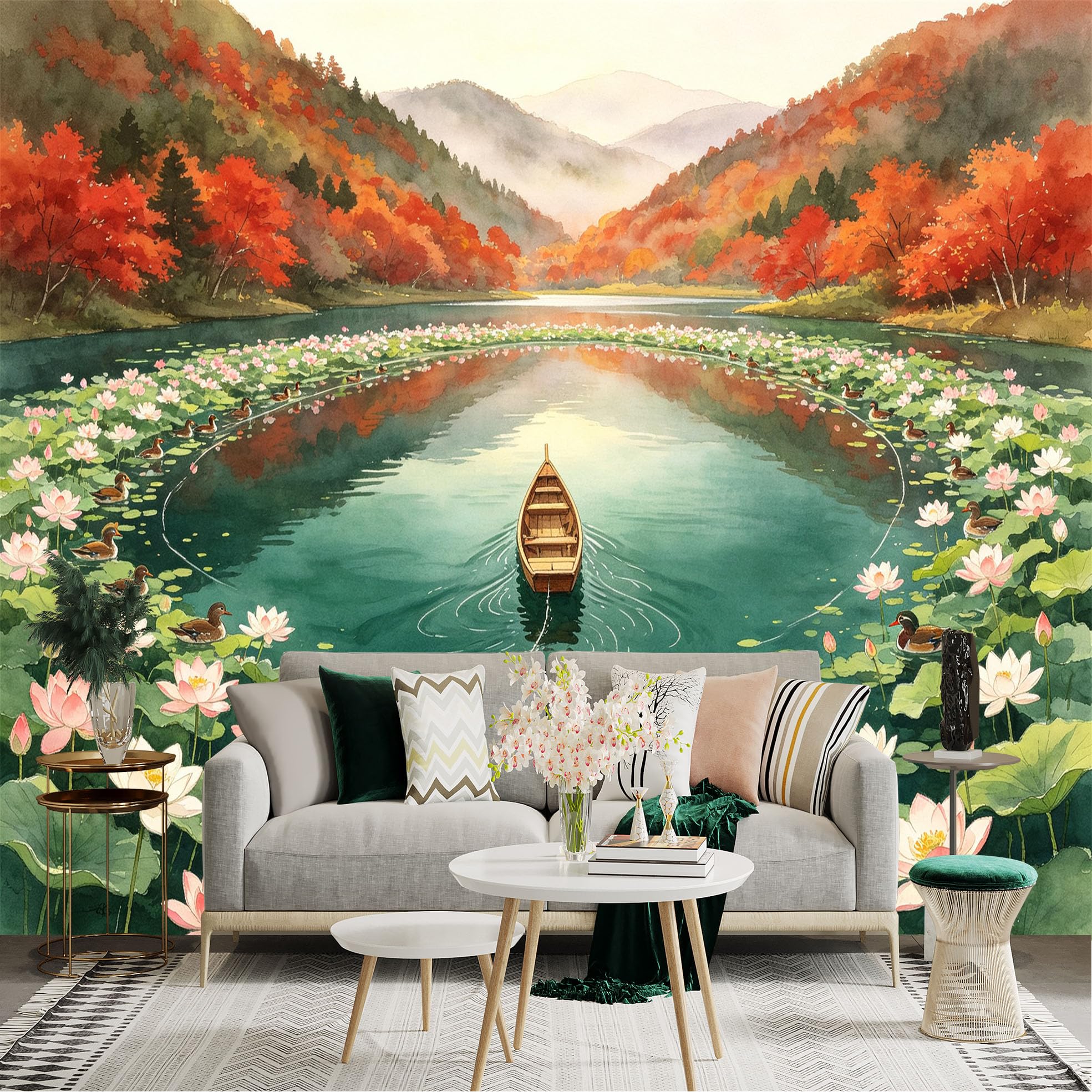 Custom Size Wall Sticker Mural， Watercolor Autumn Lake， Wooden Boat， Lotus Flowers and Swimming Ducks， for wall Decoration， peelandstick wall Decals.