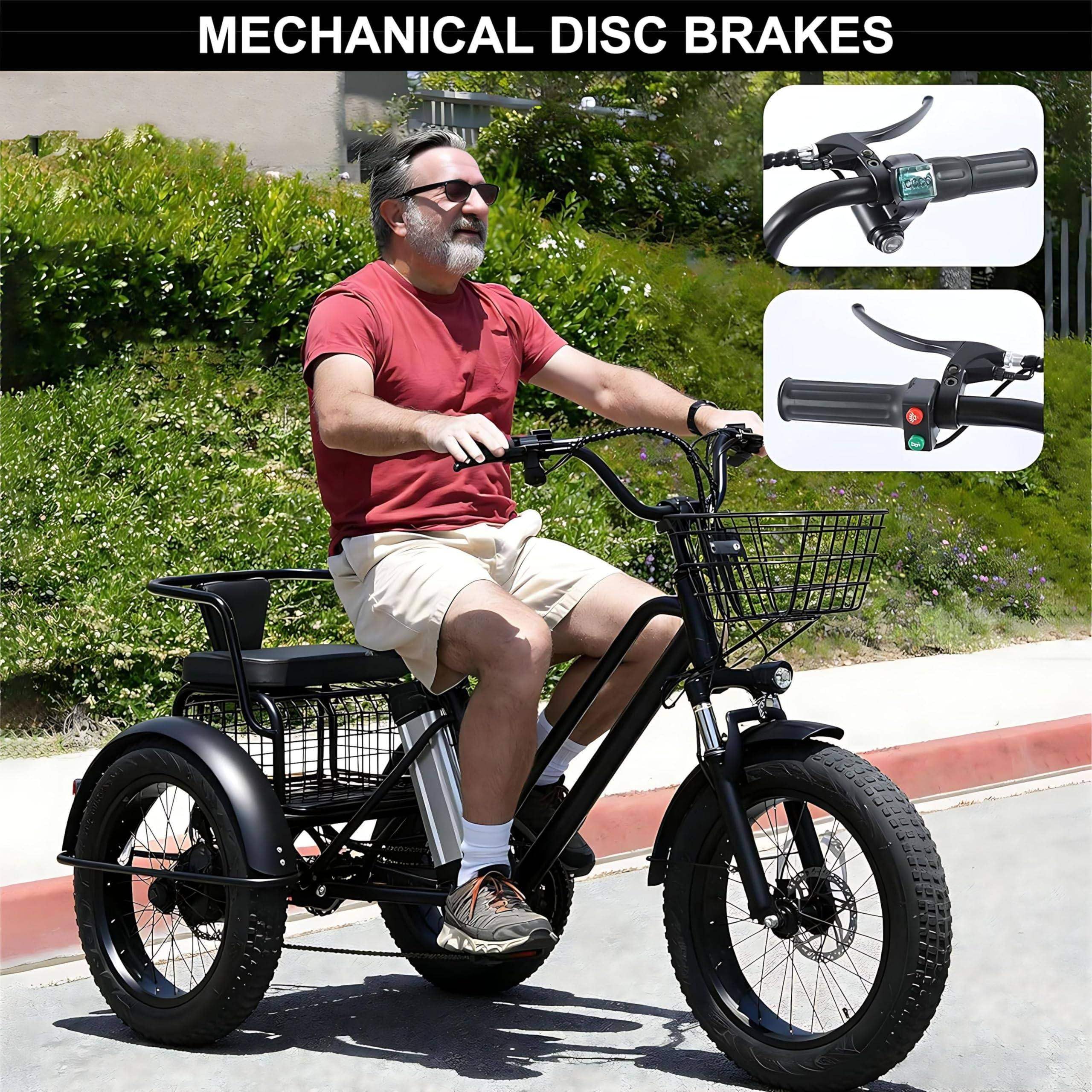 Triciclo Elettrico a 3 Ruote per Adulti – Portata 200 kg B | 20'' Fat Tyres Cargo Ebike, Shopping Basket, 48V/12Ah Removable Battery - Range 35km, for Shopping, Picnic