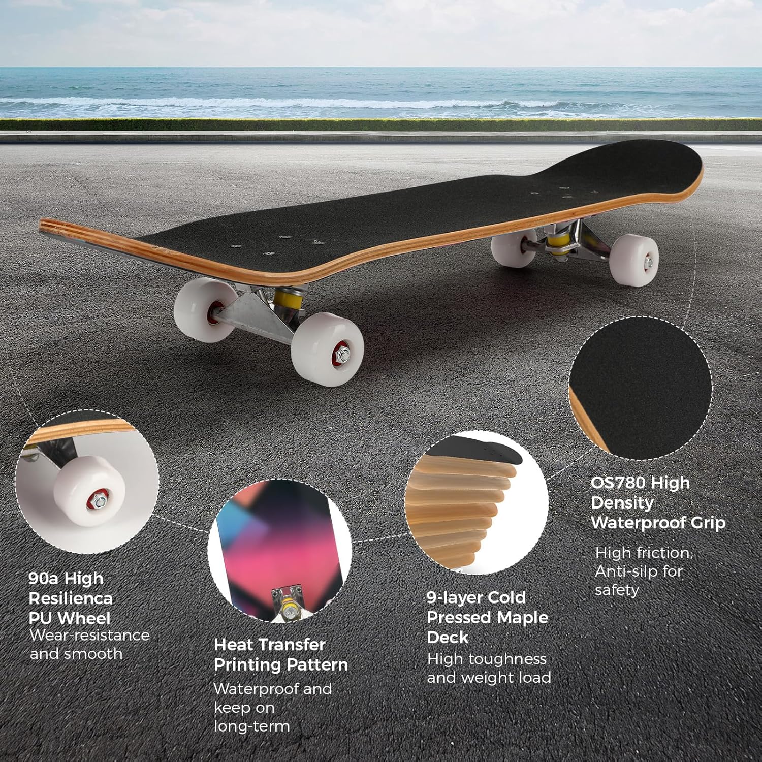 31" x 7.88" Maple Wood Double Rocker Skateboard for Beginners, Adults, Teens, 150kg Capacity, PU Wheels, ABEC-7 Bearings, Anti-Slip Deck, Durable Aluminum Alloy Trucks